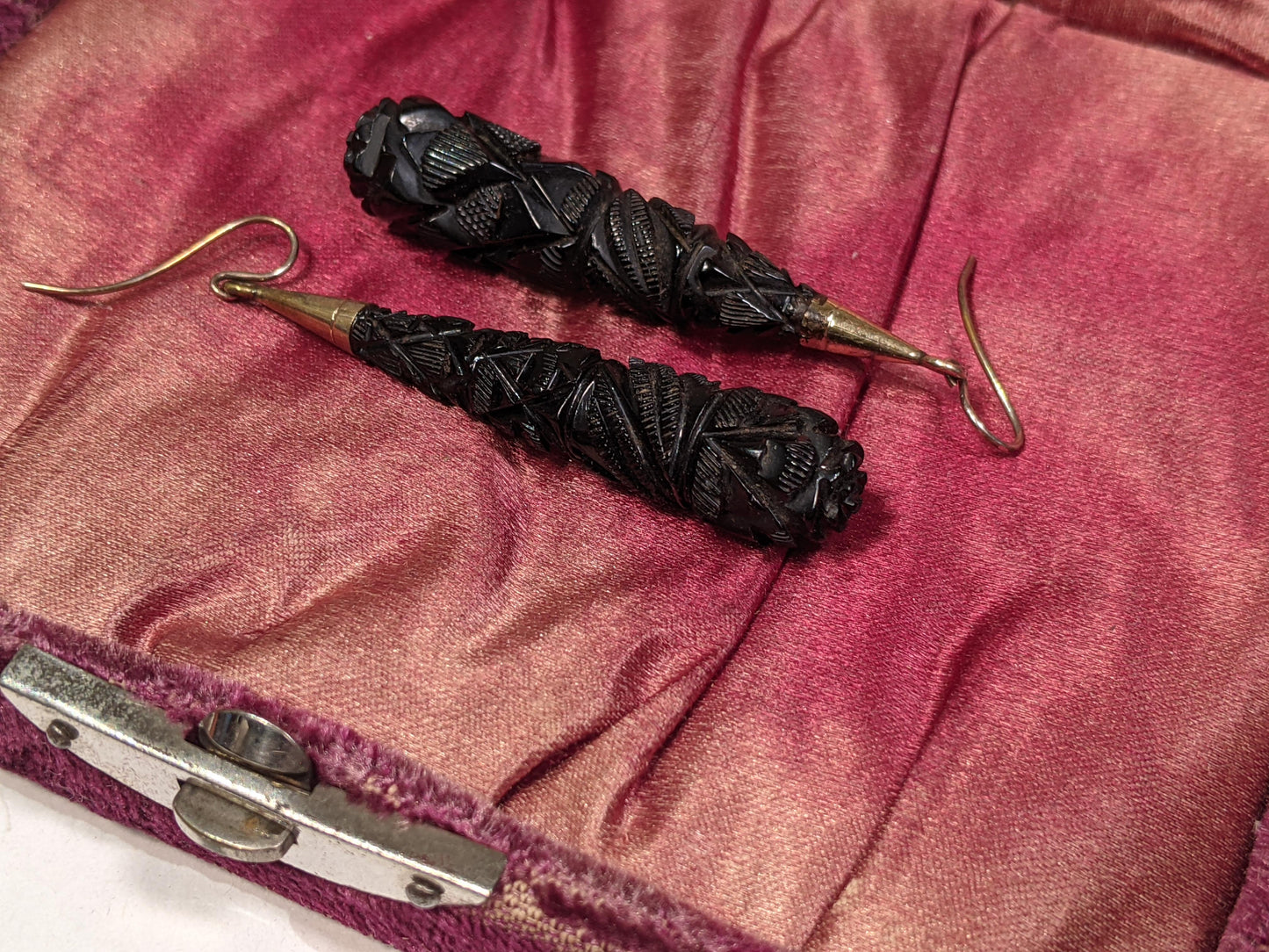 c. 1870s-1880s Carved Whitby Jet Earrings