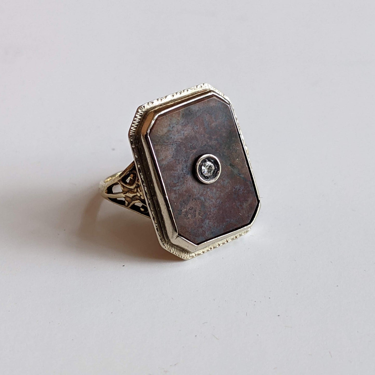Art Deco 14k Gold Petrified Wood + Diamond Ring