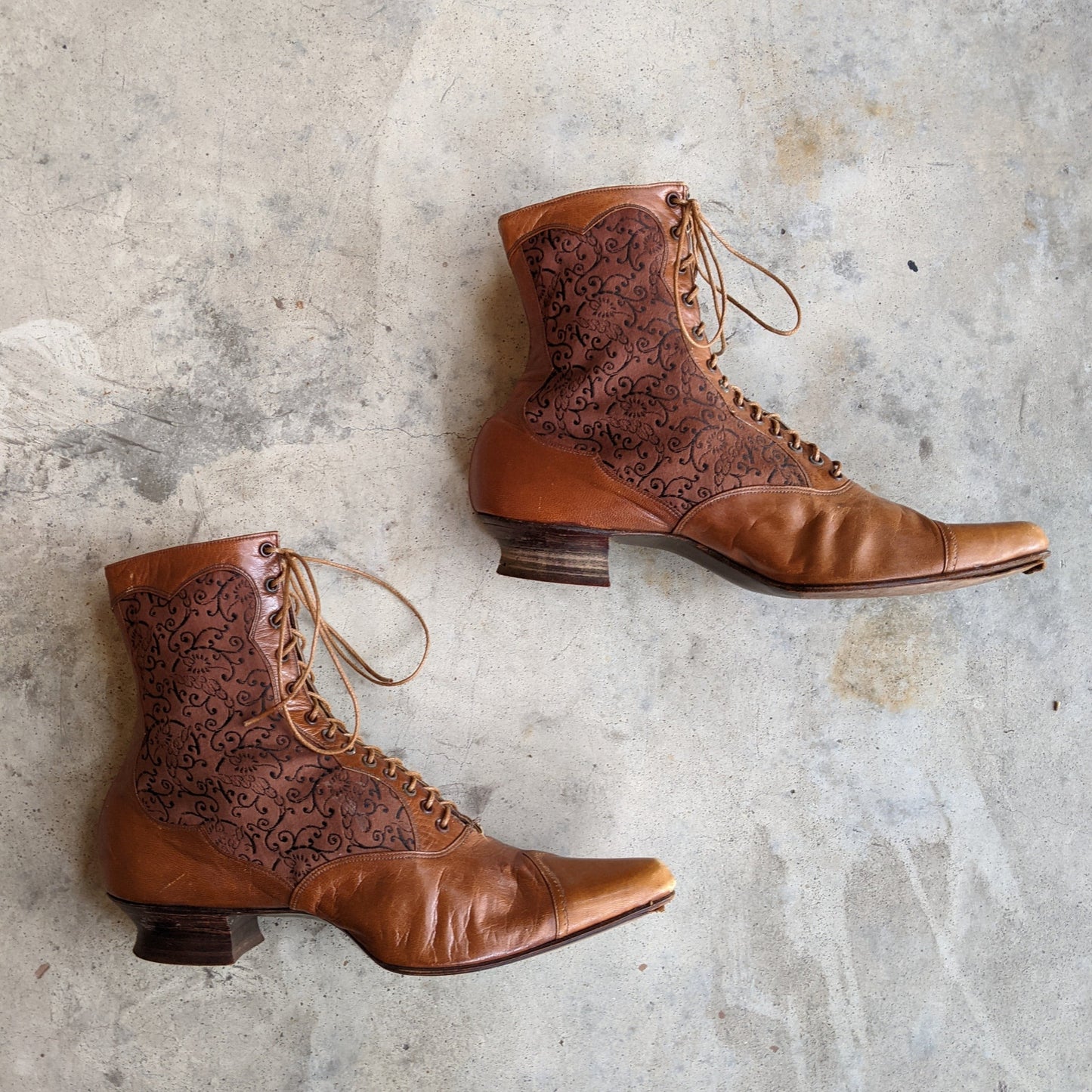 c. 1890s Tan Leather + Silk Boots