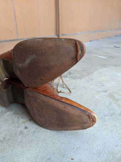 c. 1890s Tan Leather + Silk Boots