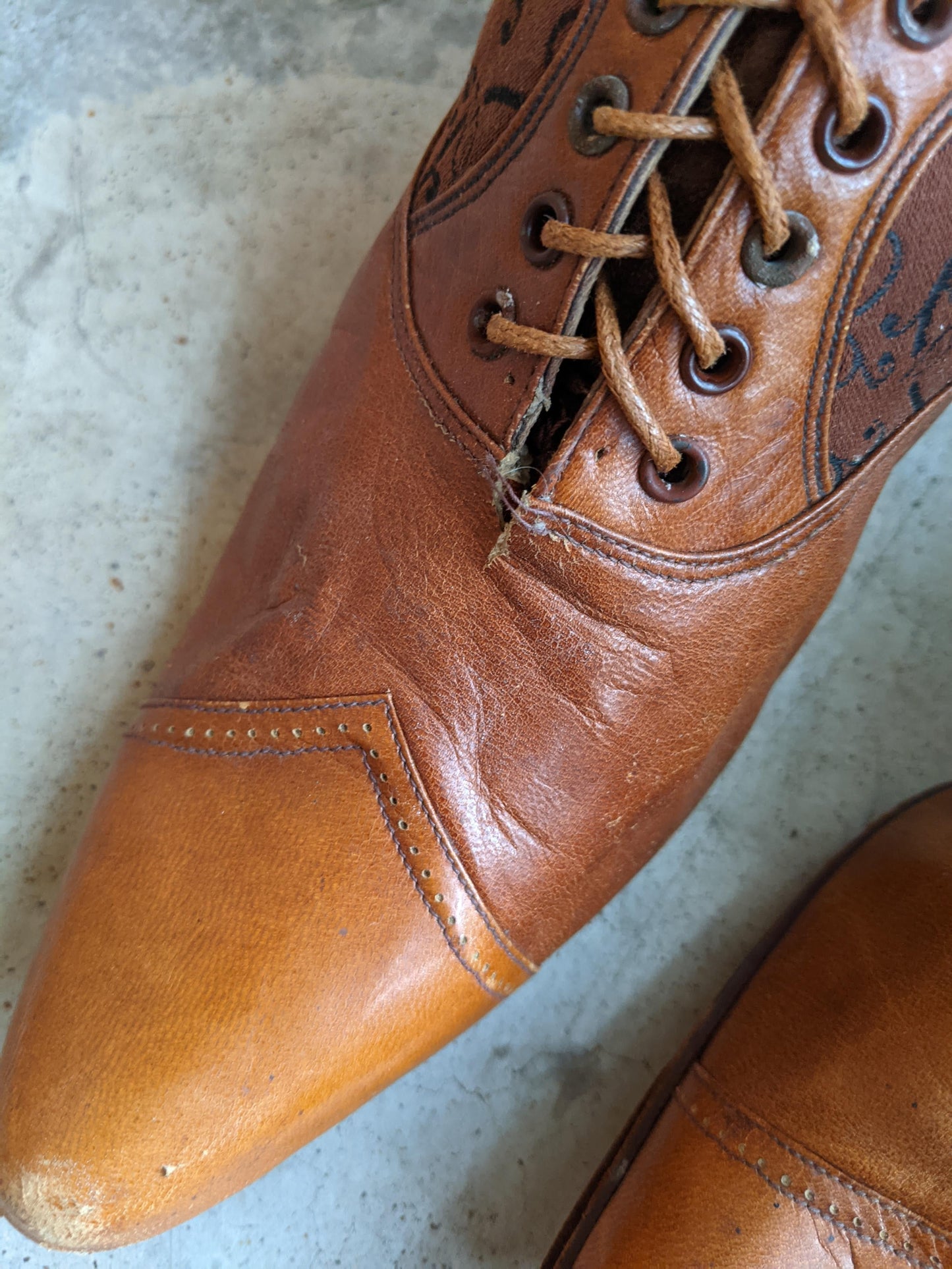 c. 1890s Tan Leather + Silk Boots