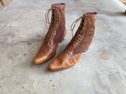 c. 1890s Tan Leather + Silk Boots