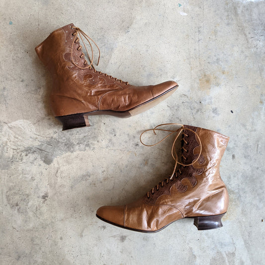 c. 1890s-1900s Tan Leather + Silk Boots
