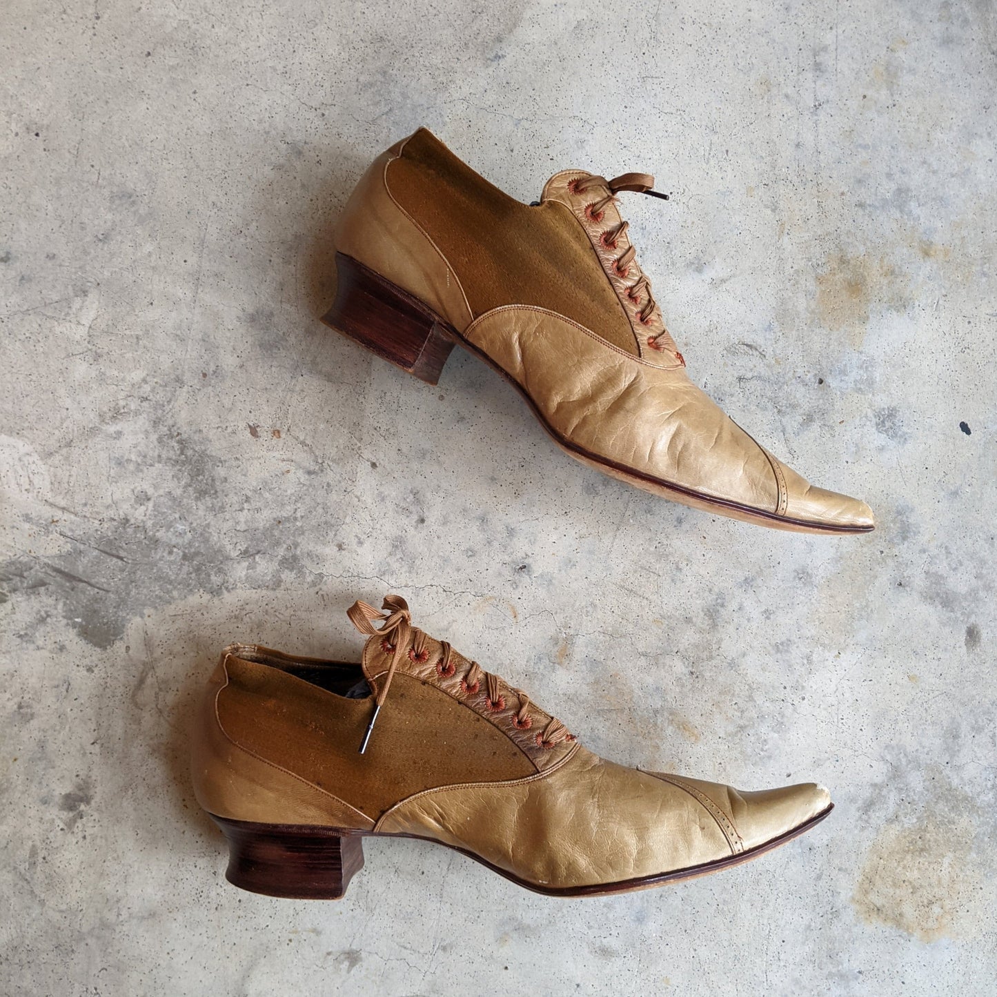 c. 1890s Tan Leather + Silk Oxfords