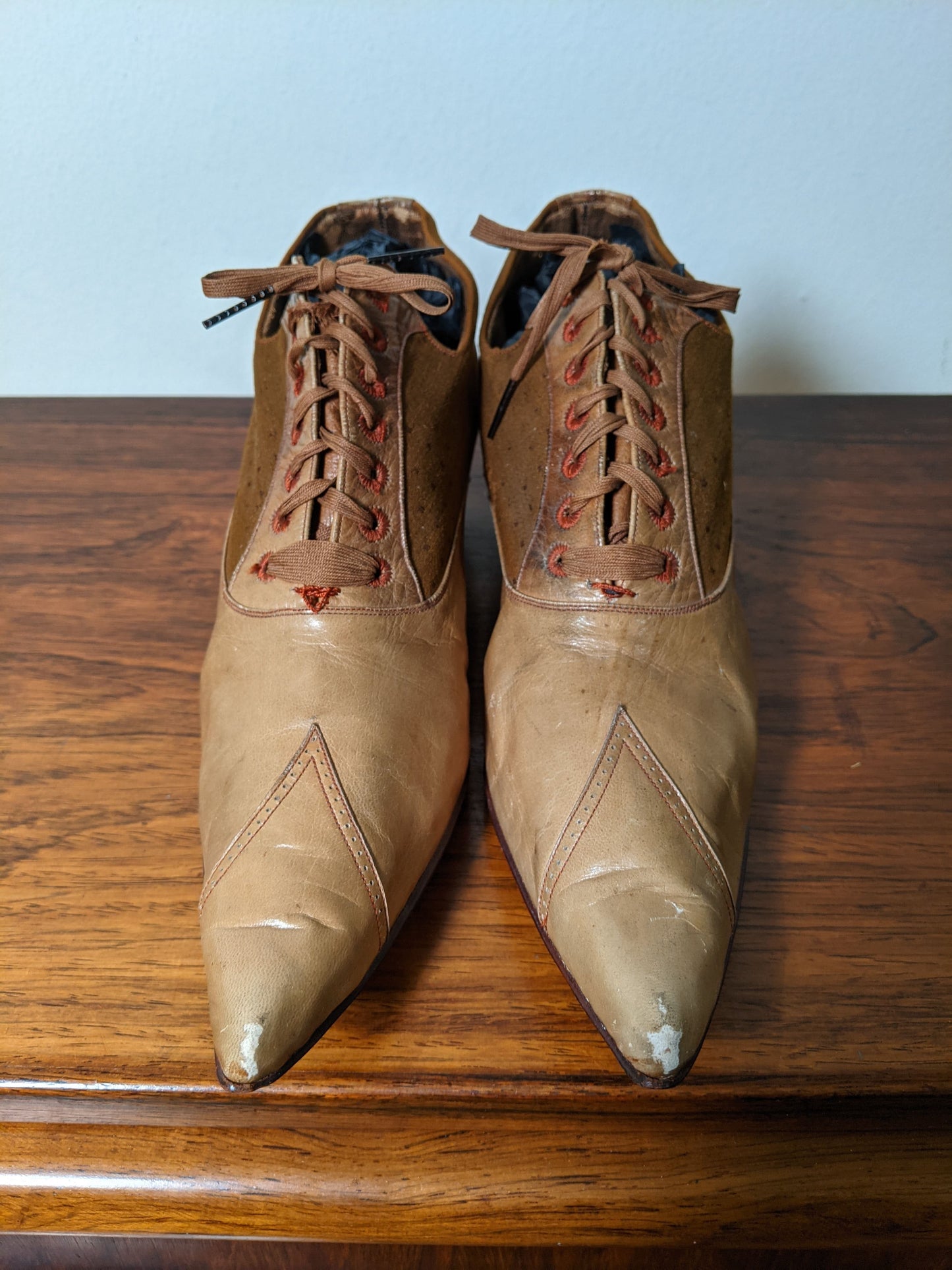 c. 1890s Tan Leather + Silk Oxfords