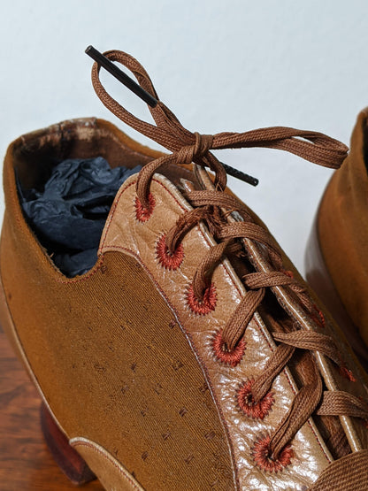 c. 1890s Tan Leather + Silk Oxfords