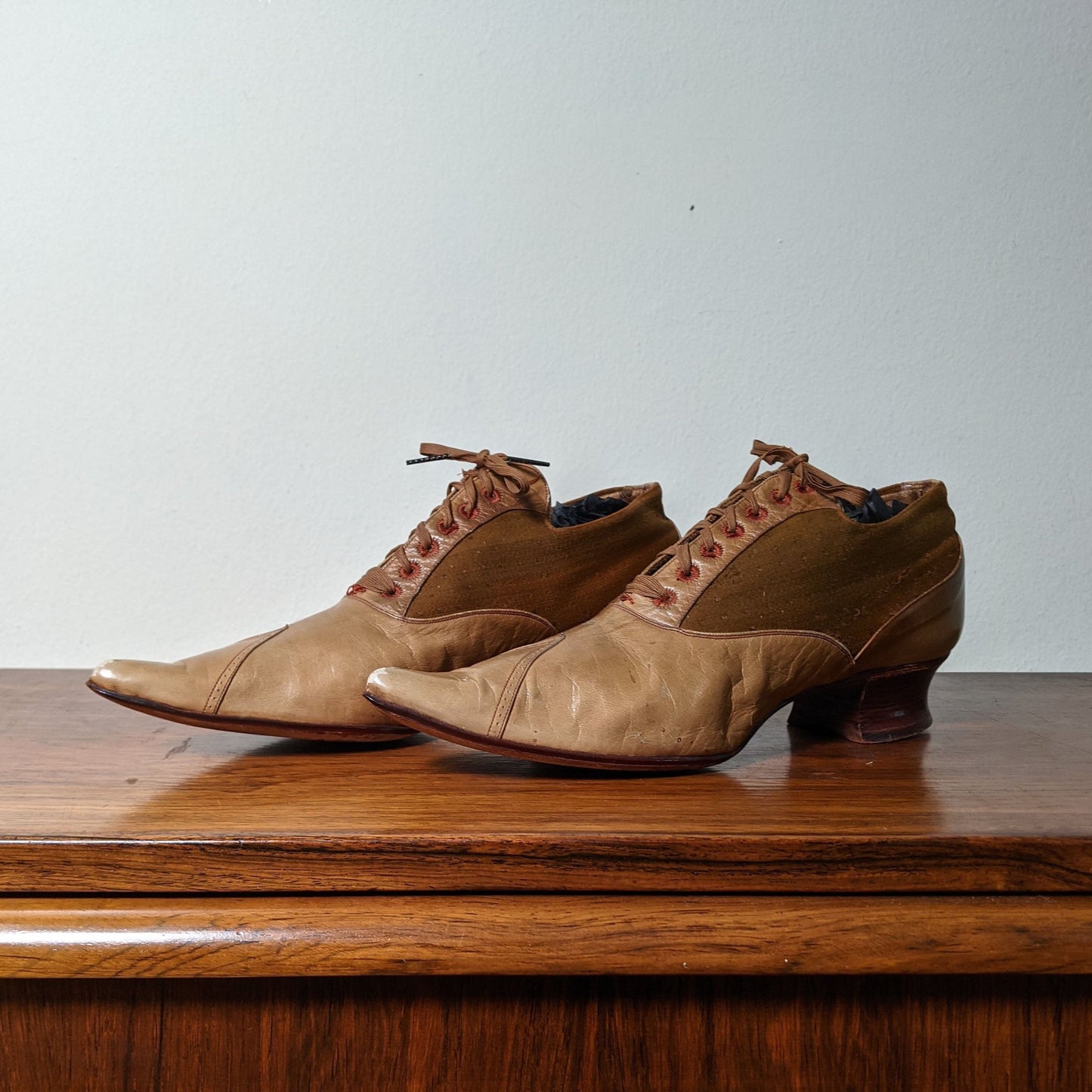 c. 1890s Tan Leather + Silk Oxfords