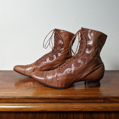 c. 1890s-1900s Tan Leather + Silk Boots