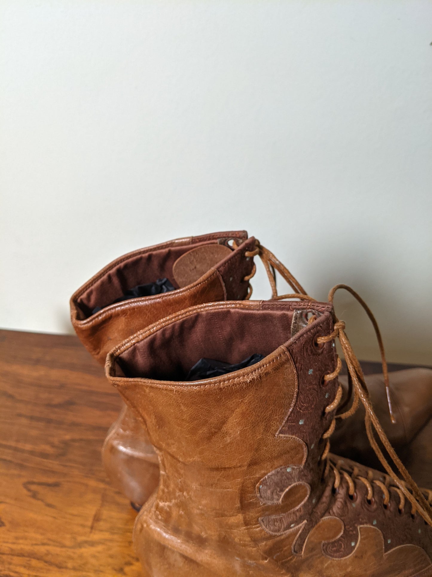 c. 1890s-1900s Tan Leather + Silk Boots