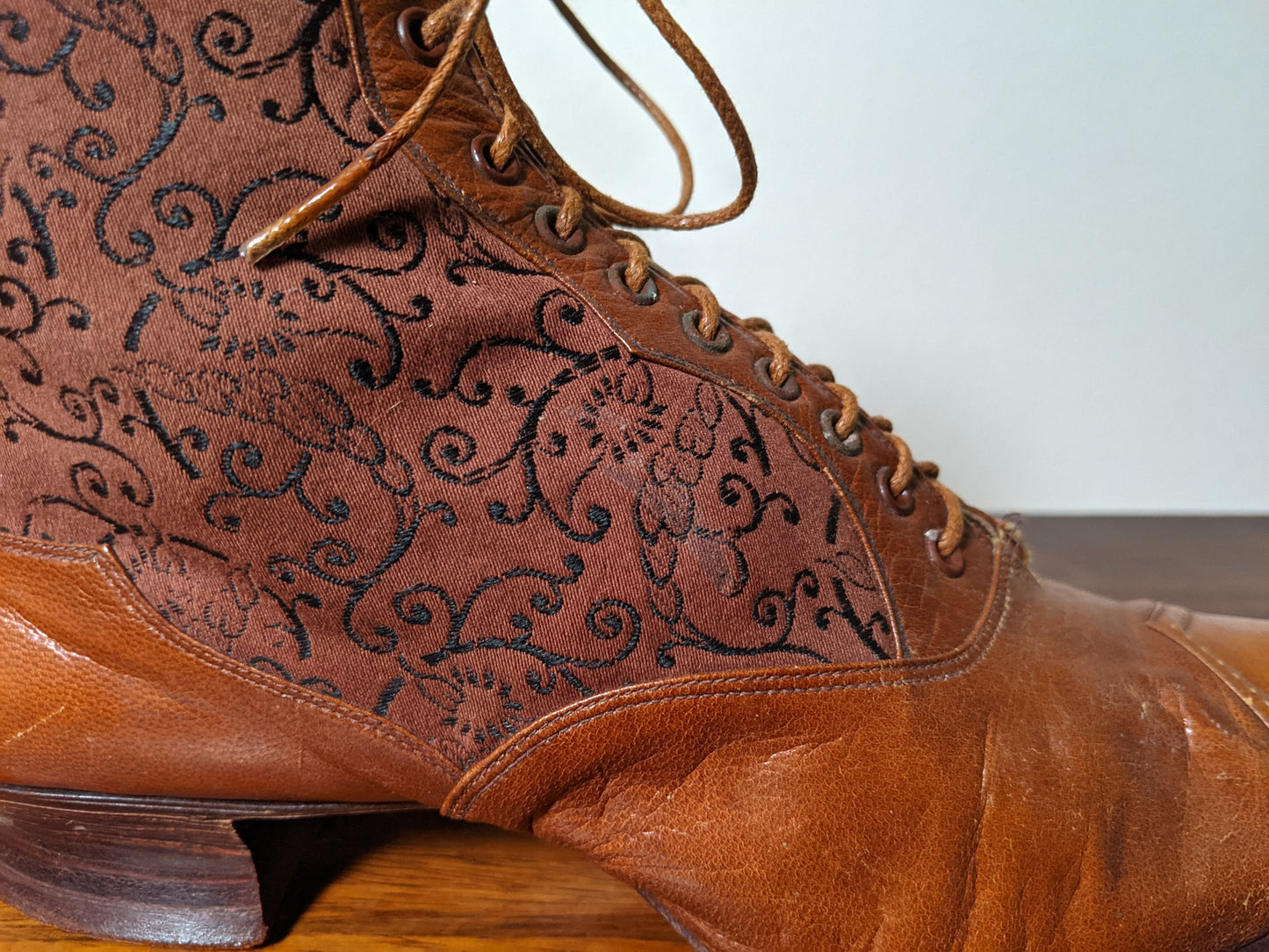 c. 1890s Tan Leather + Silk Boots