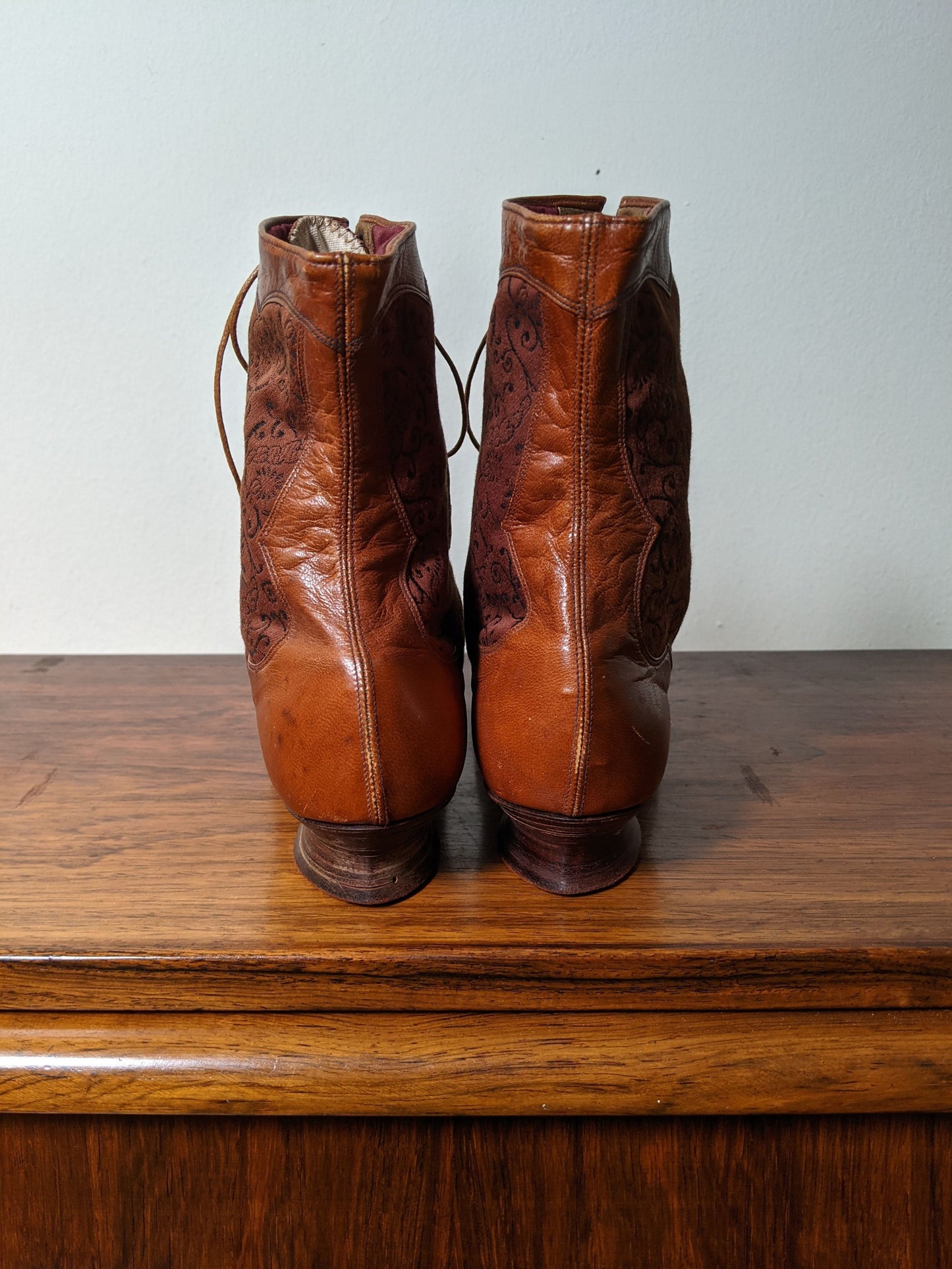 c. 1890s Tan Leather + Silk Boots
