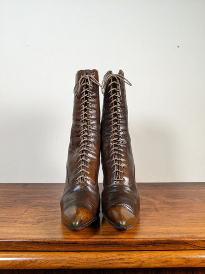 c. 1910s-1920s Olive Brown Boots | Approx. Sz. 7-7.5