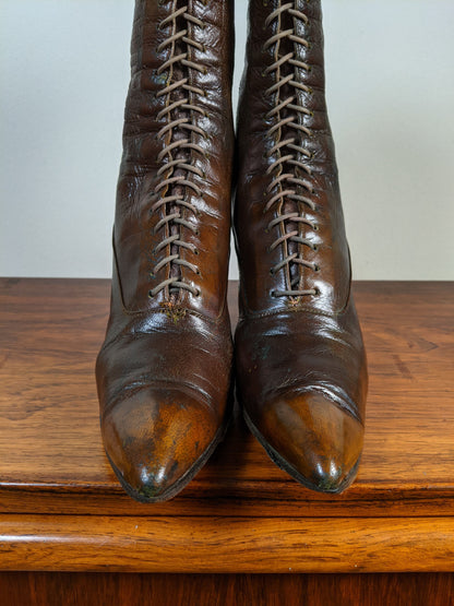 c. 1910s-1920s Olive Brown Boots | Approx. Sz. 7-7.5