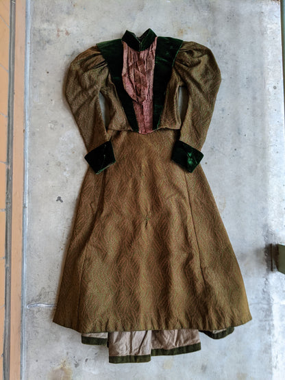 1890s Green Wool + Silk Dress