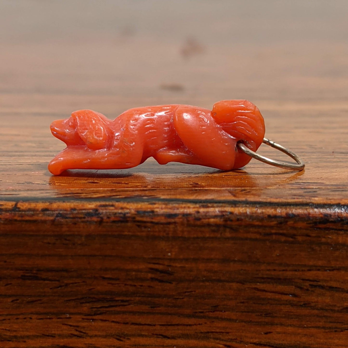19th c. Carved Coral 14k Gold Dog Charm