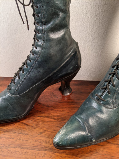 c. 1910-1920s Blue/Green Louis Heel Boots | Approx Sz 6-6.5