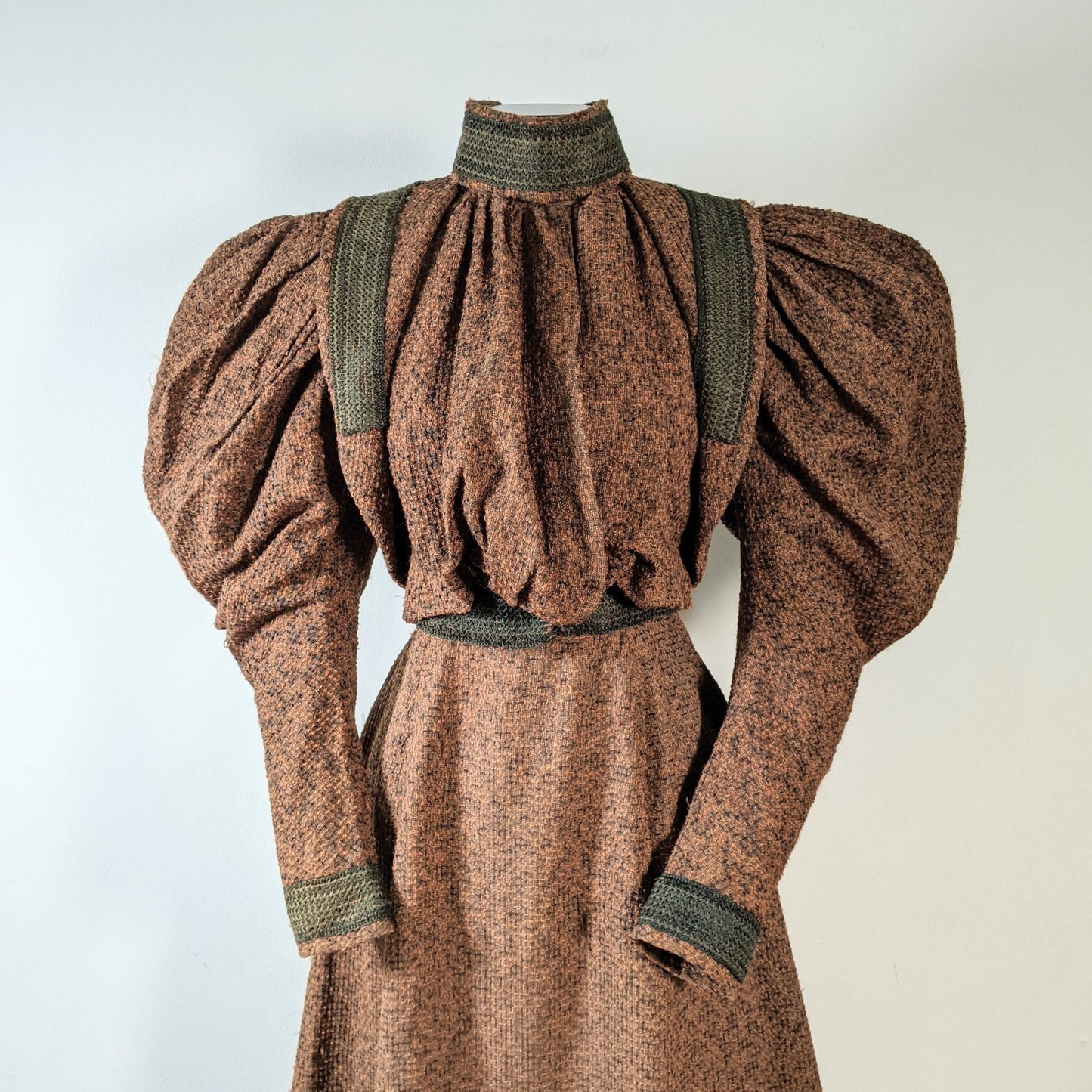 c. 1890s Gorgeous Green + Brown Woven Cotton + Wool Dress