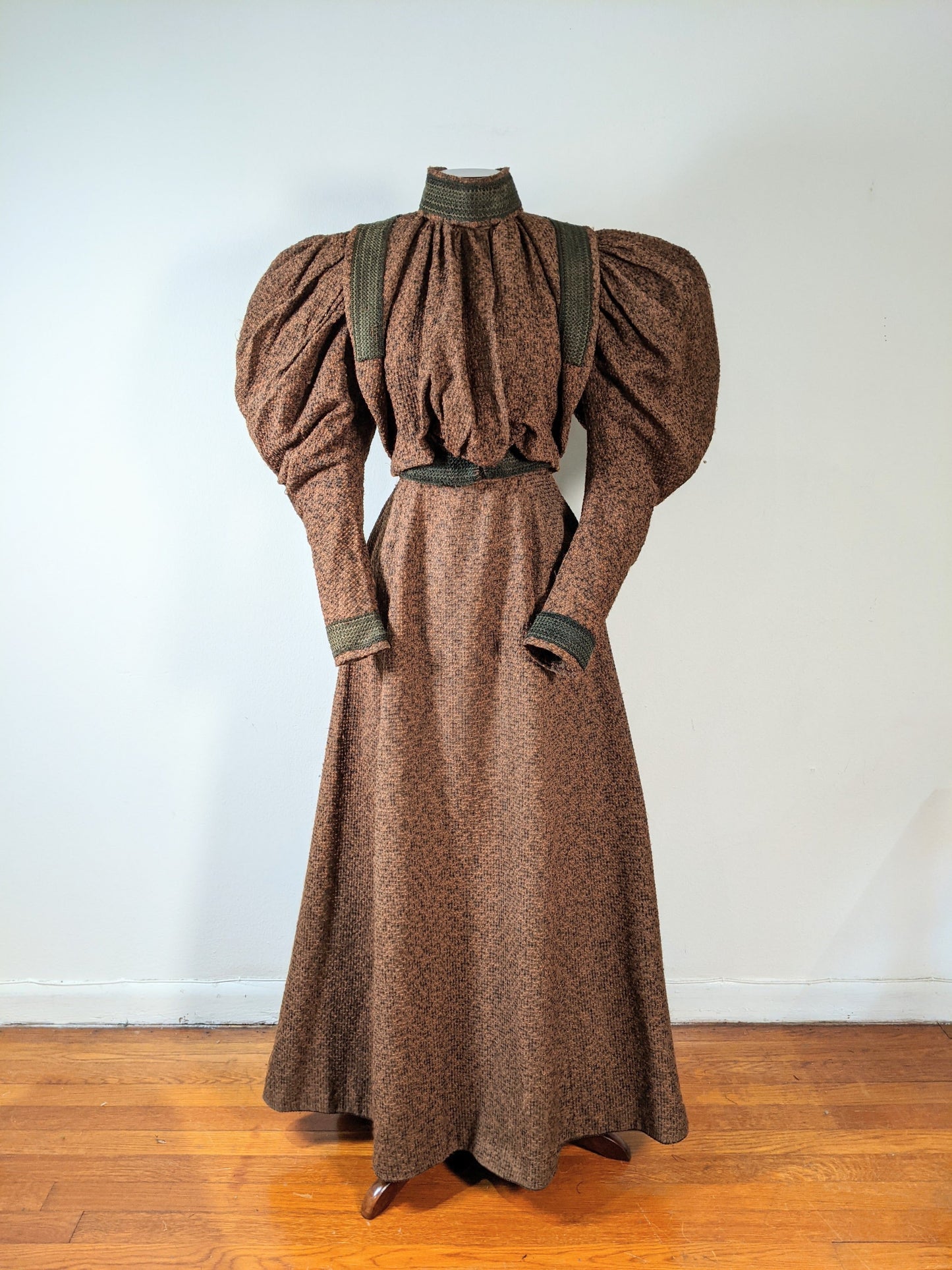 c. 1890s Gorgeous Green + Brown Woven Cotton + Wool Dress