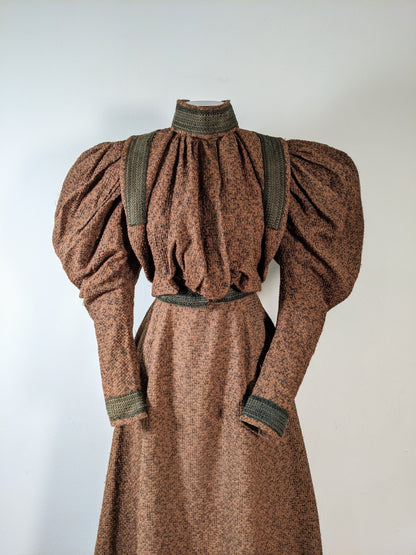 c. 1890s Gorgeous Green + Brown Woven Cotton + Wool Dress