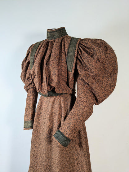 c. 1890s Gorgeous Green + Brown Woven Cotton + Wool Dress