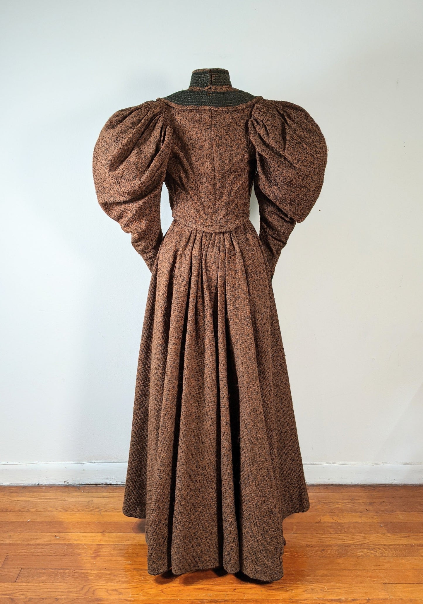c. 1890s Gorgeous Green + Brown Woven Cotton + Wool Dress