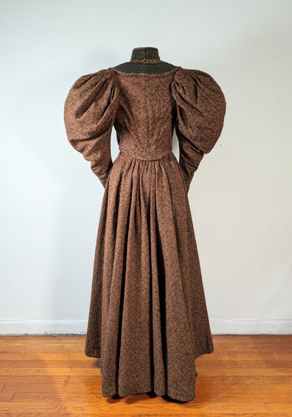 c. 1890s Gorgeous Green + Brown Woven Cotton + Wool Dress