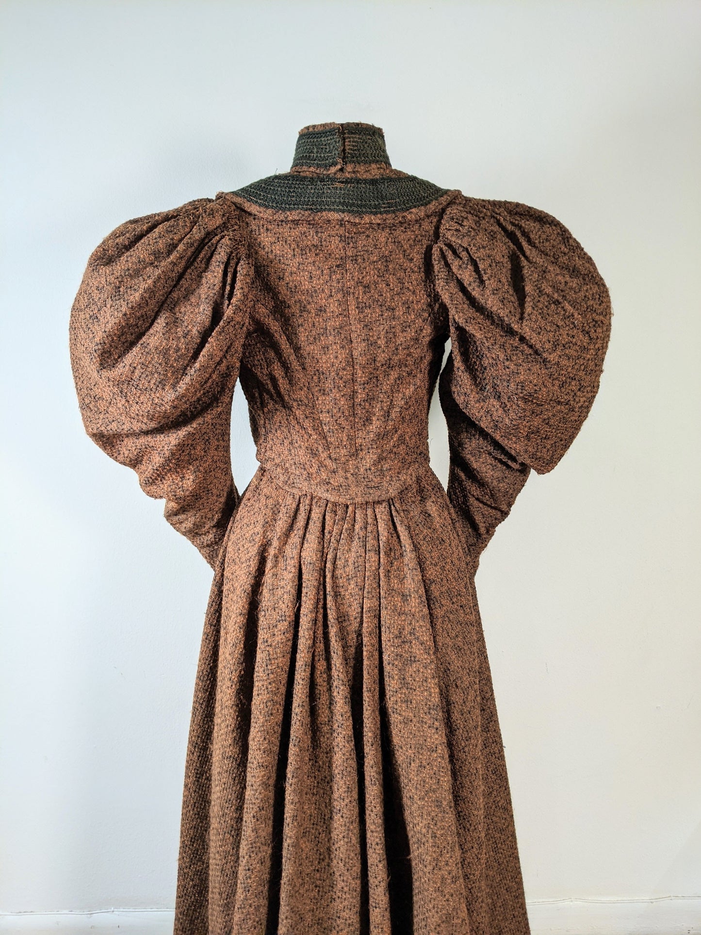 c. 1890s Gorgeous Green + Brown Woven Cotton + Wool Dress