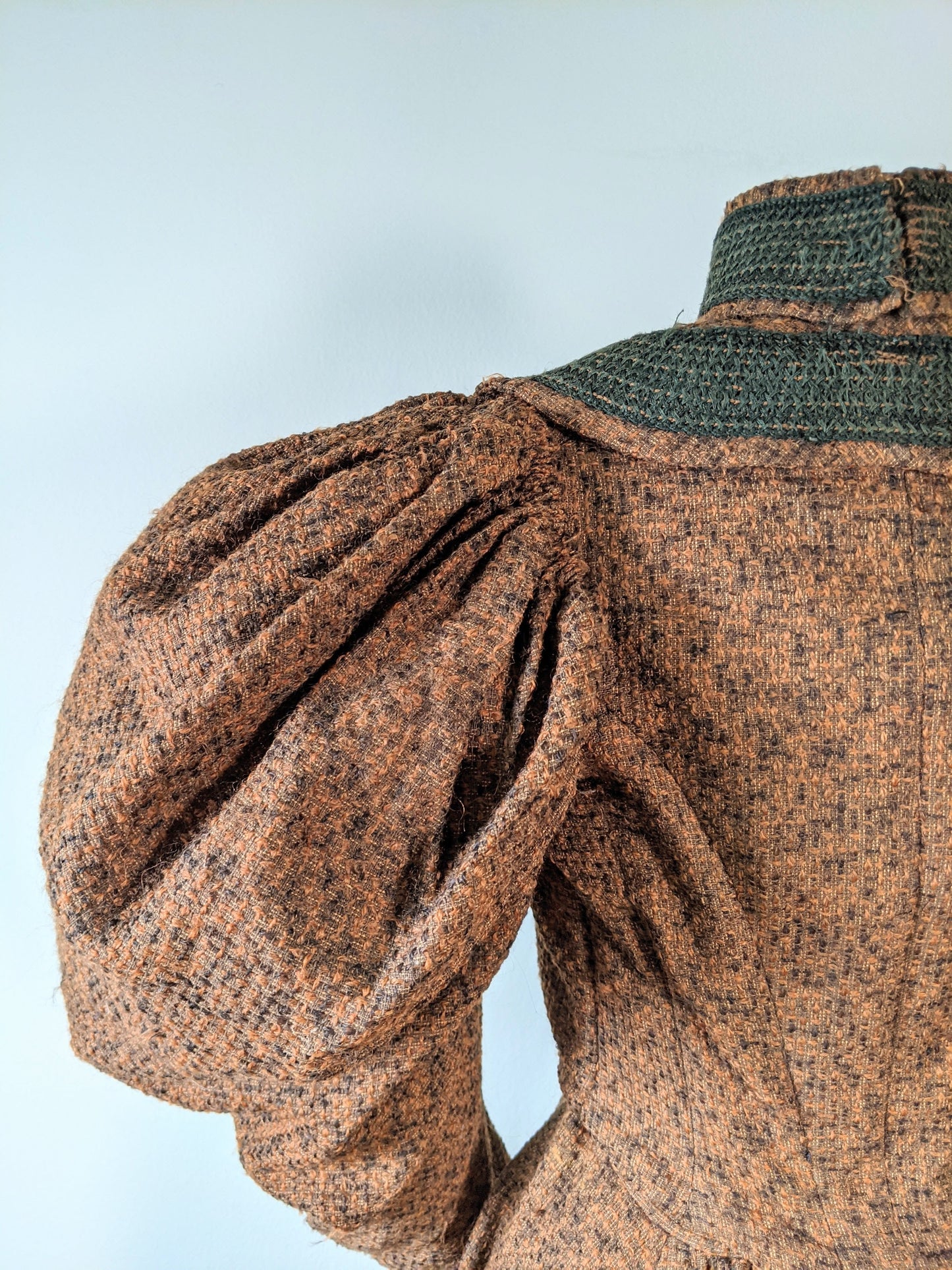 c. 1890s Gorgeous Green + Brown Woven Cotton + Wool Dress