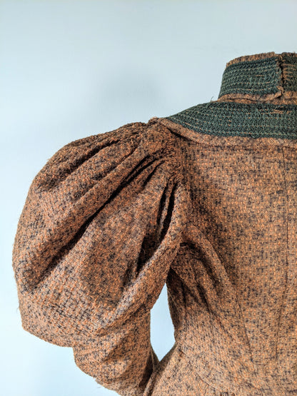 c. 1890s Gorgeous Green + Brown Woven Cotton + Wool Dress