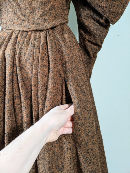 c. 1890s Gorgeous Green + Brown Woven Cotton + Wool Dress