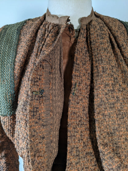 c. 1890s Gorgeous Green + Brown Woven Cotton + Wool Dress