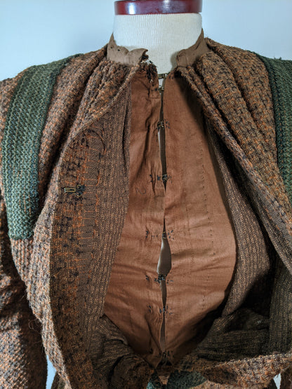 c. 1890s Gorgeous Green + Brown Woven Cotton + Wool Dress