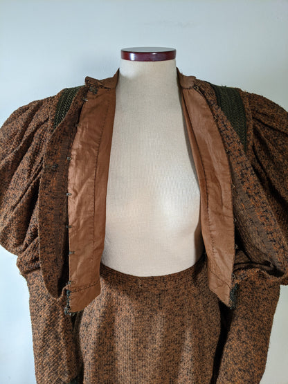 c. 1890s Gorgeous Green + Brown Woven Cotton + Wool Dress