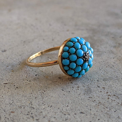 c. 1880s 15k Gold Turquoise + Diamond Bombe Ring