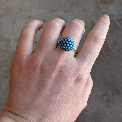 c. 1880s 15k Gold Turquoise + Diamond Bombe Ring