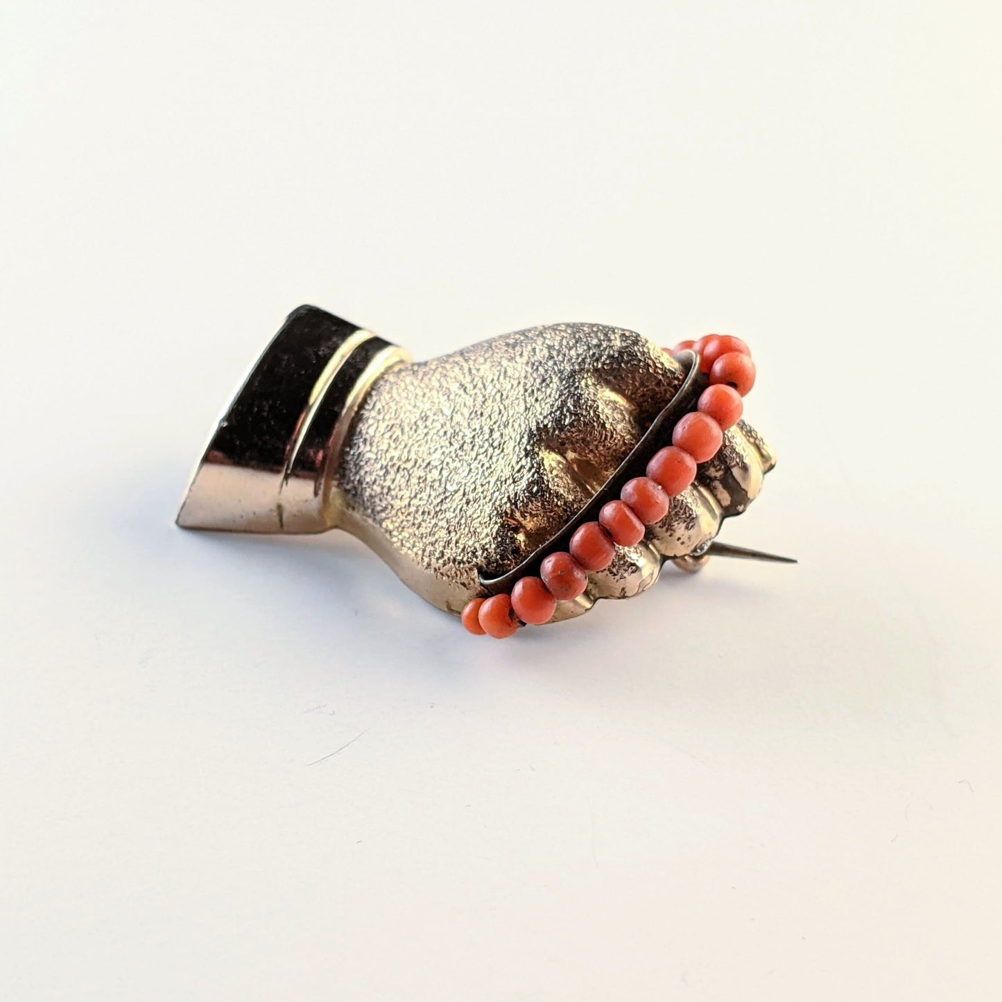 19th c. Gold Filled + Coral Bead Fist Brooch