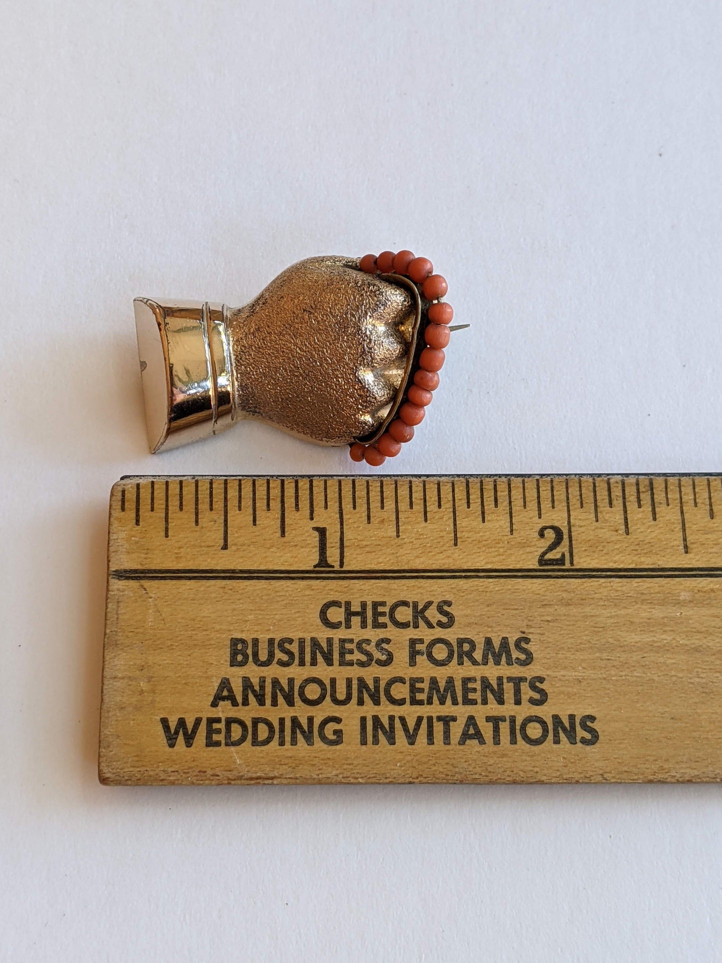 19th c. Gold Filled + Coral Bead Fist Brooch