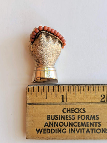 19th c. Gold Filled + Coral Bead Fist Brooch