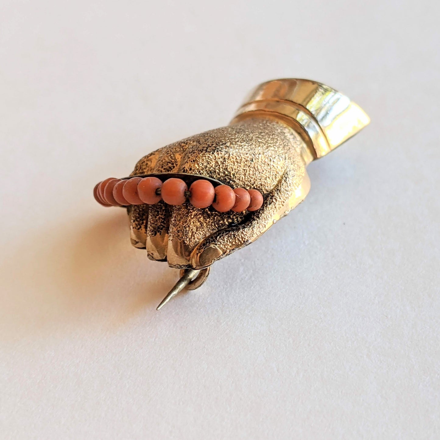 19th c. Gold Filled + Coral Bead Fist Brooch