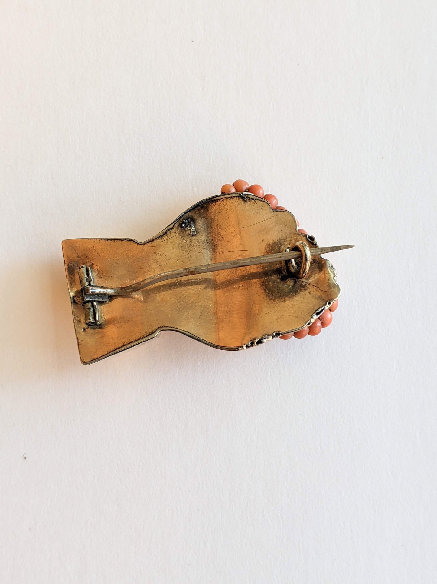 19th c. Gold Filled + Coral Bead Fist Brooch