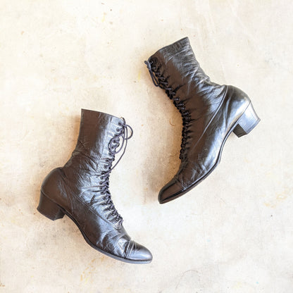 c. 1910s-1920s Black Lace Up Boots | Approx Sz 7.5