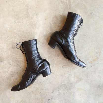 c. 1910s-1920s Black Lace Up Boots | Approx Sz 7.5