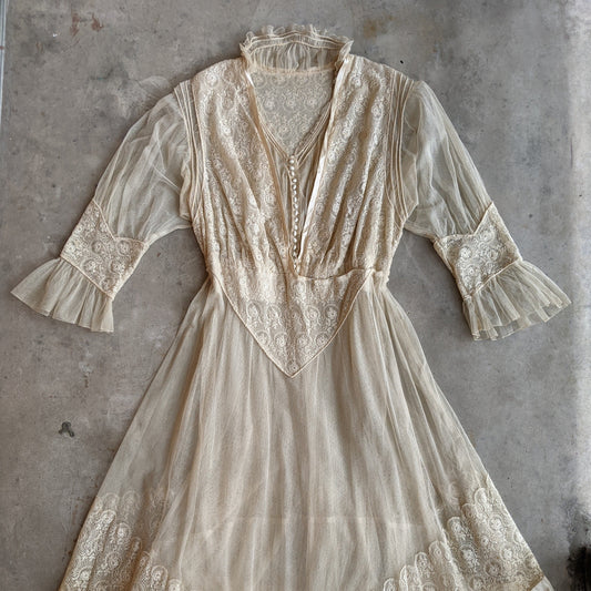 c. 1916 Net Lace + Silk Dress