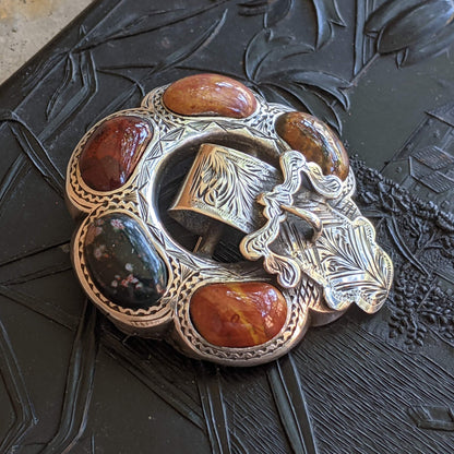 Sterling Silver Victorian Scottish Agate Buckle Brooch