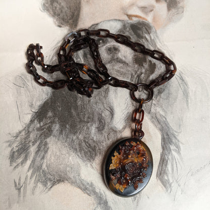 19th c. Tortoise Shell Locket + Chain