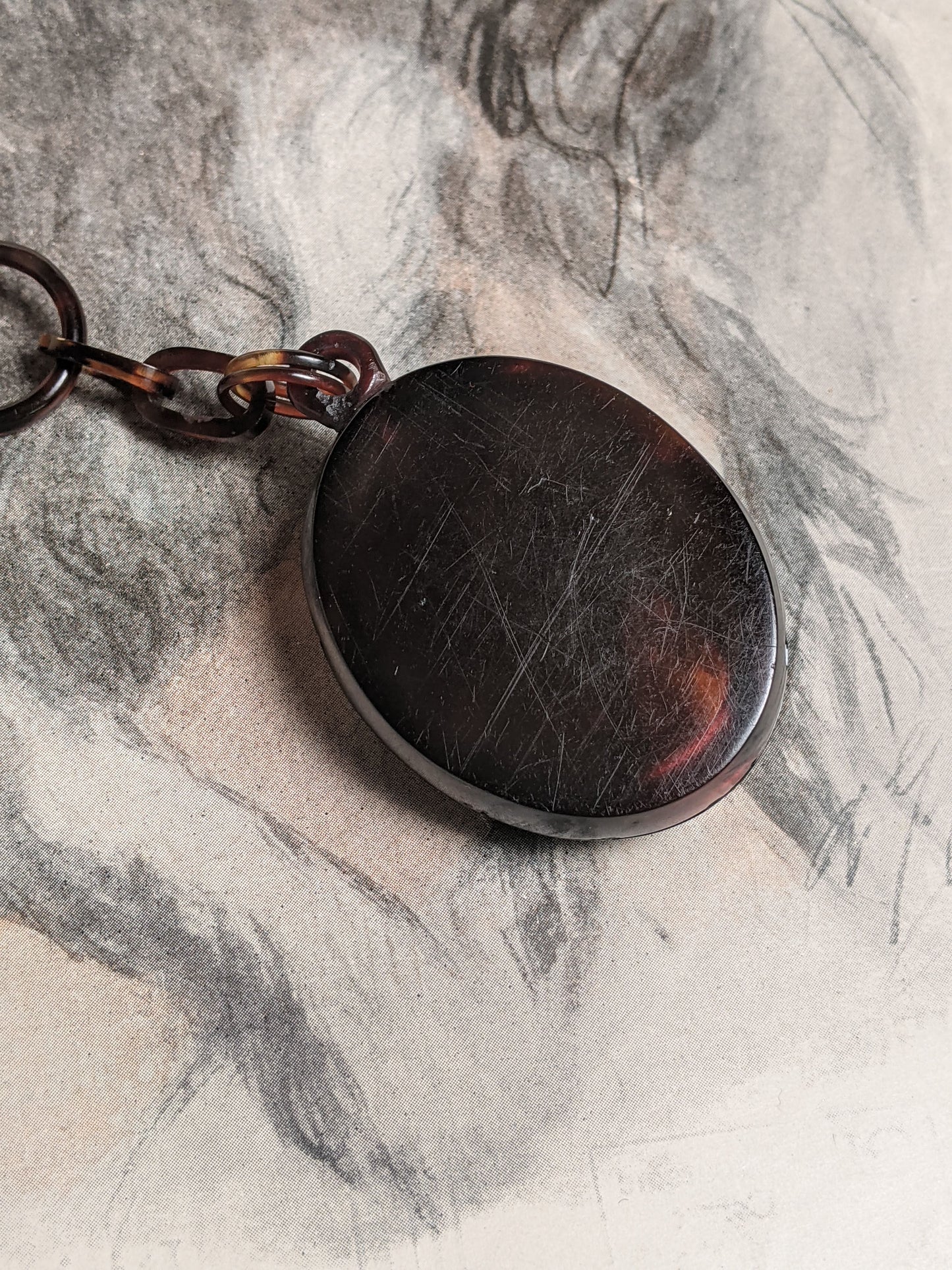 19th c. Tortoise Shell Locket + Chain
