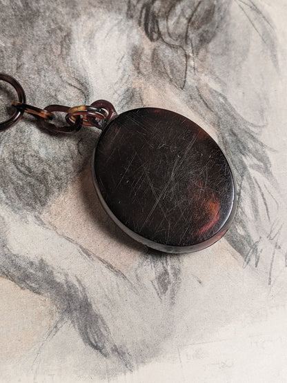 19th c. Tortoise Shell Locket + Chain