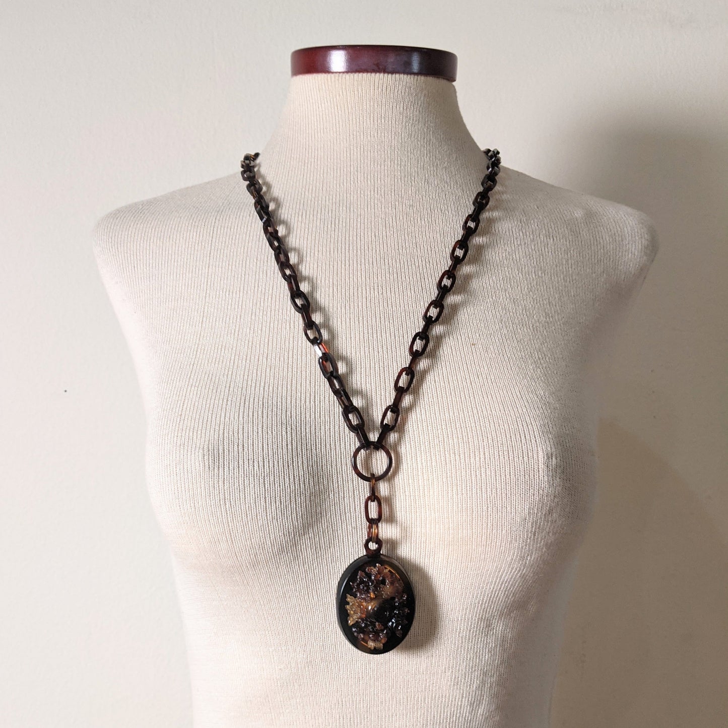 19th c. Tortoise Shell Locket + Chain