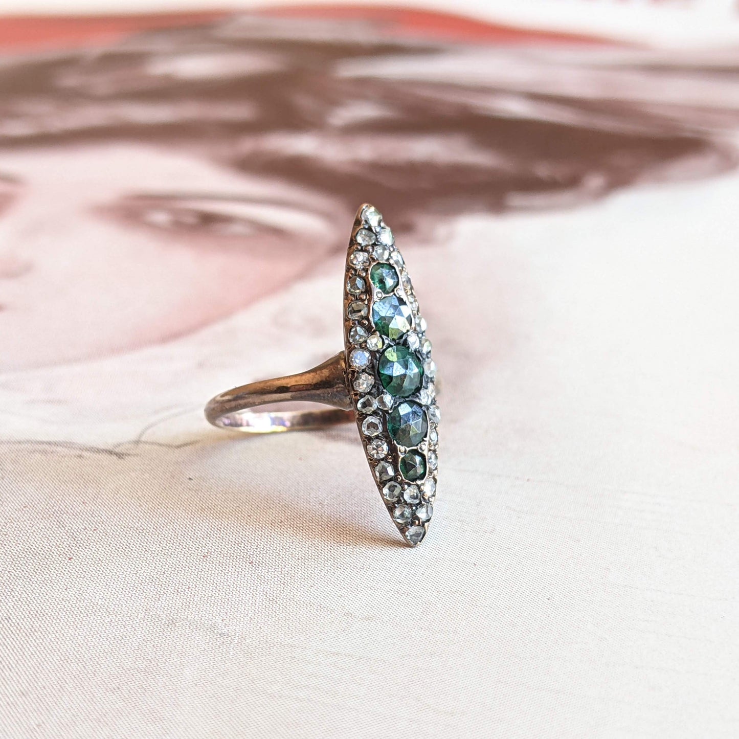 c. 1890s-1900s 14k Gold Emerald Diamond Ring