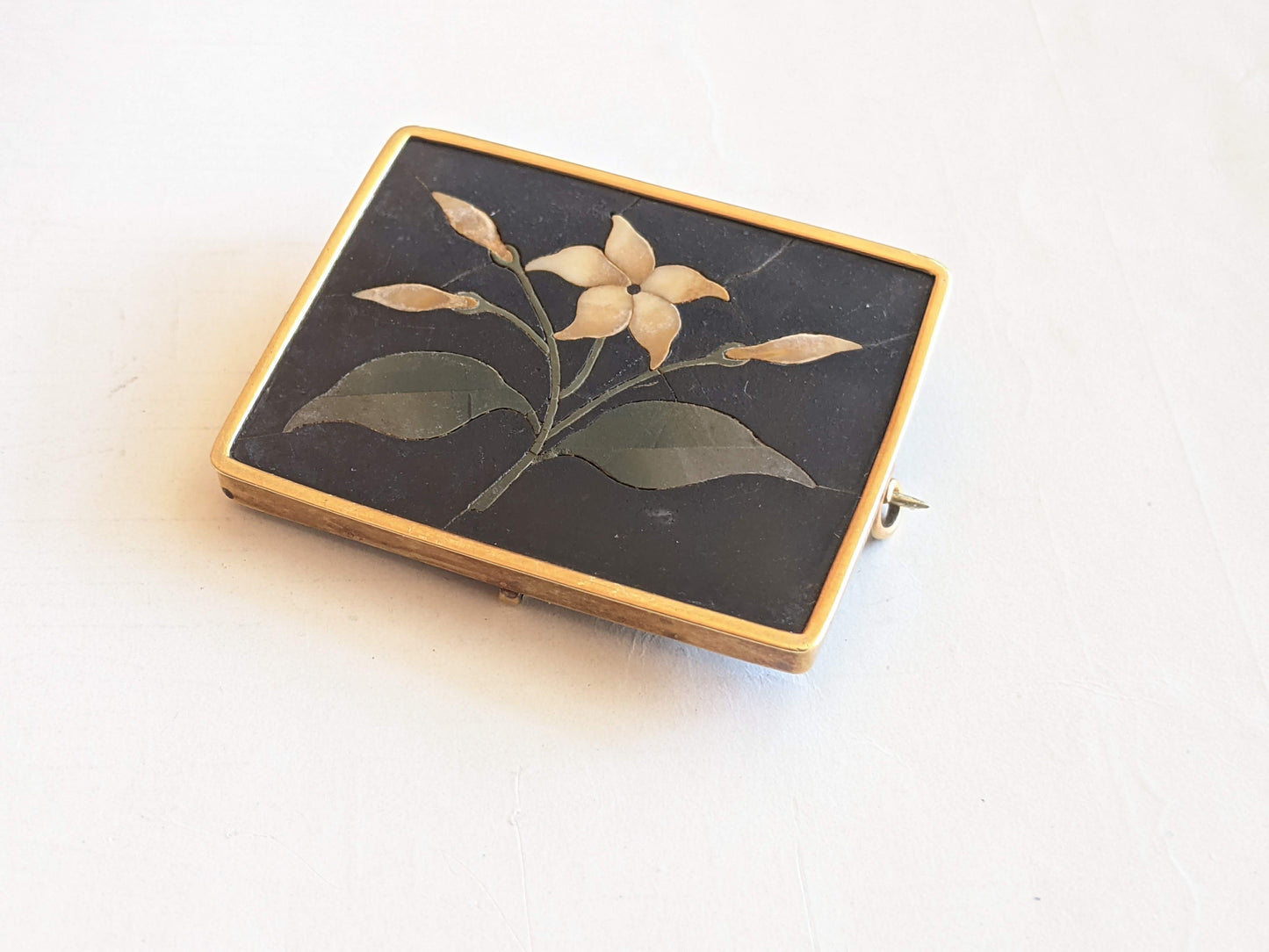 19th c. 14k Gold Pietra Dura Brooch